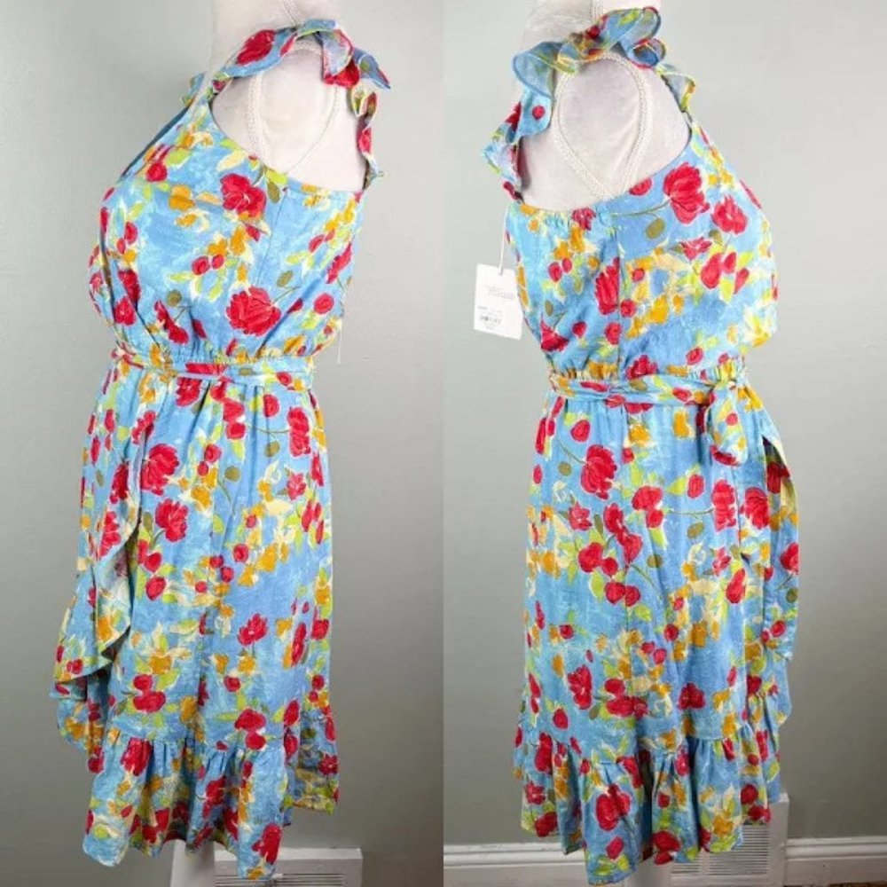 LC LAUREN CONRAD floral WRAP DRESS sleeveless BELT blue SIZE xxl - Picture 2 of 13